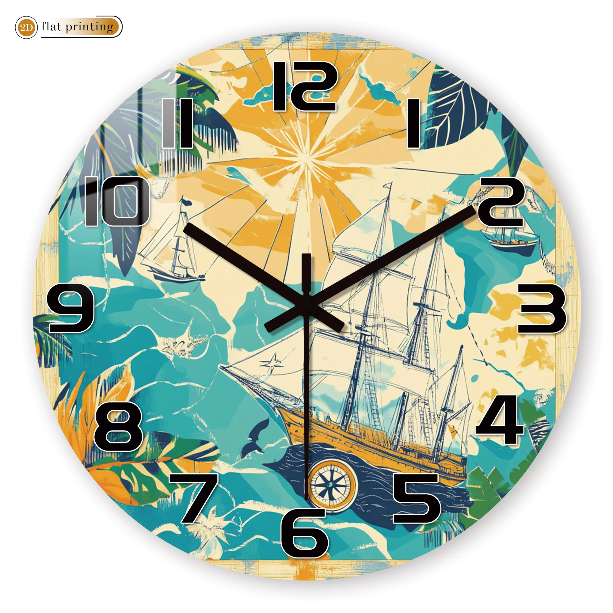 Relógio de parede tropical de veleiro náutico - Relógio redondo impresso plano 2D para decoração de casa com tema do mar - Decorativo silencioso e sem tique-taque