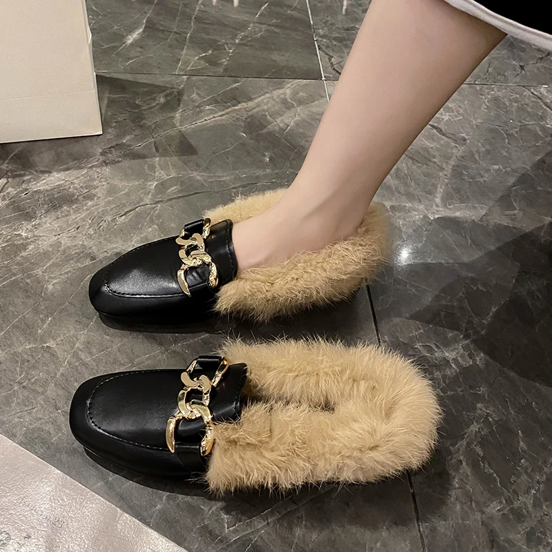 Winter Warm Slip-on Long Plush Square Toe Metal Chain Flats Loafers Luxury Furry  Lazy Espadrilles Footwear Size 35-40 2