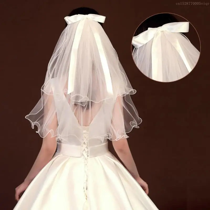 2 Layers Wedding Bridal Veil with Comb Ribbon Bow Embellished Wavy F0S4