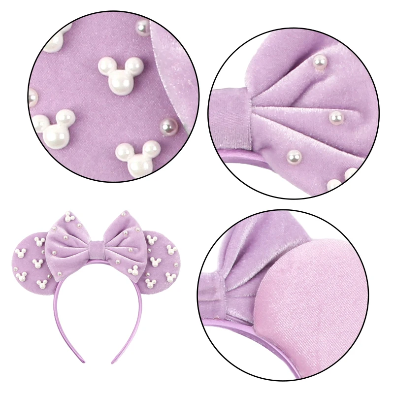 2024 NEW Full Pearls Disney Ears Headband Minnie Mouse Velvet Bow Hairband Girls Hair Accessories Women Party Cosplay Decoration