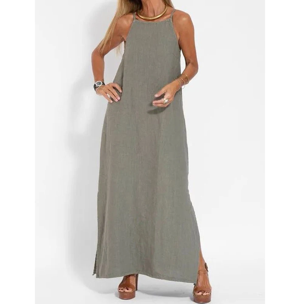 Women Cotton linen Side Split Long Slip Dress Summer Lady Strapless Solid Color Holiday Party Dresses FYY-10080 3