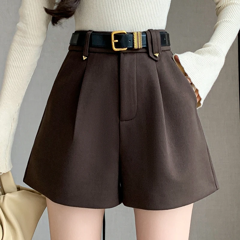 

QOERLIN Woolen Shorts Women High Waist Wide Leg A-Line Belt Shorts Female Loose Casual Black Coffee Fashion Short Pants Girls