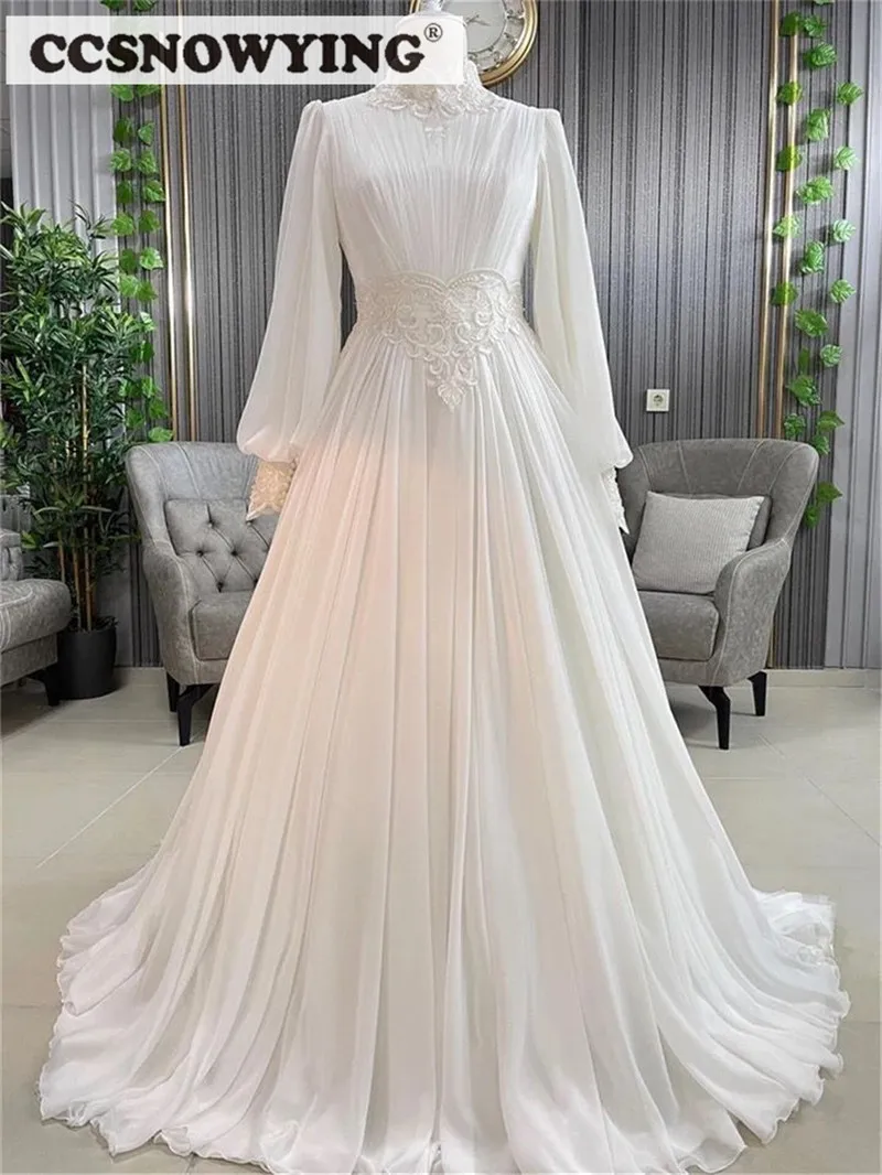 

Chiffon Appliques Long Sleeve Muslim Wedding Dress for Bride High Neck Hijab Islamic Bridal Gowns Women Arabic Robe De Mariée