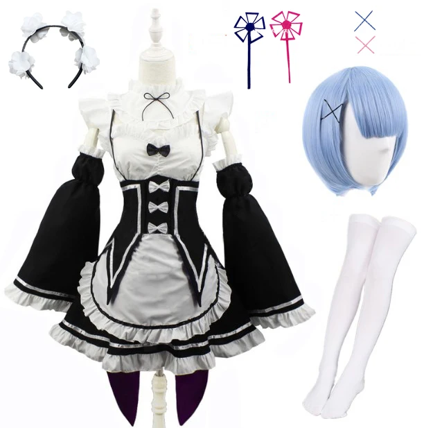 thumbnail image 1 of Anime Ram Rem disfraz de sirvienta Lolita Cosplay Vestido Re:zero Kara Hajimeru Isekai Seikatsu disfraces de Halloween para mujeres Vestido Loli, 1 of 5