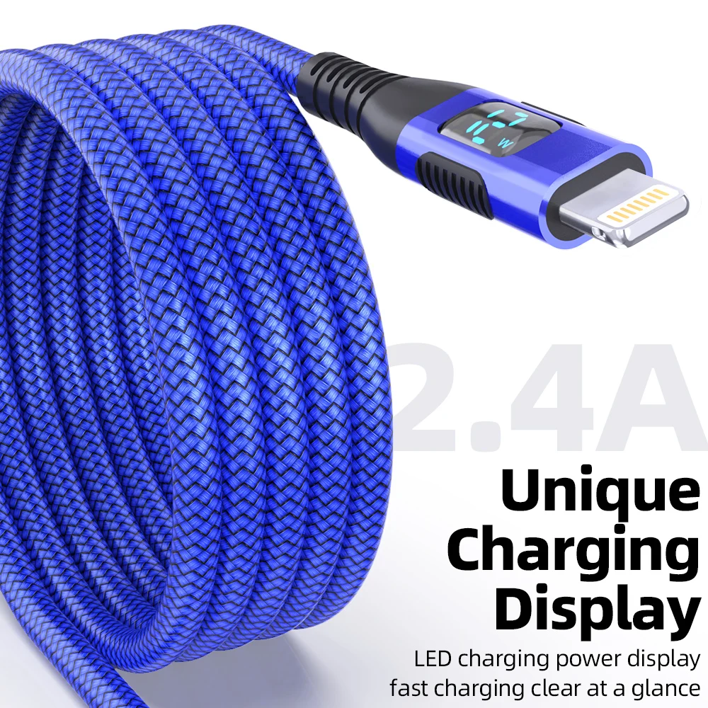 1M 2M 3M LED 디스플레이 USB A to Lightning 케이블 나일론 브레이드 고품질 MFi 인증 고속 충전 케이블 (아이폰14 13 12 11 XS XR X 호환)