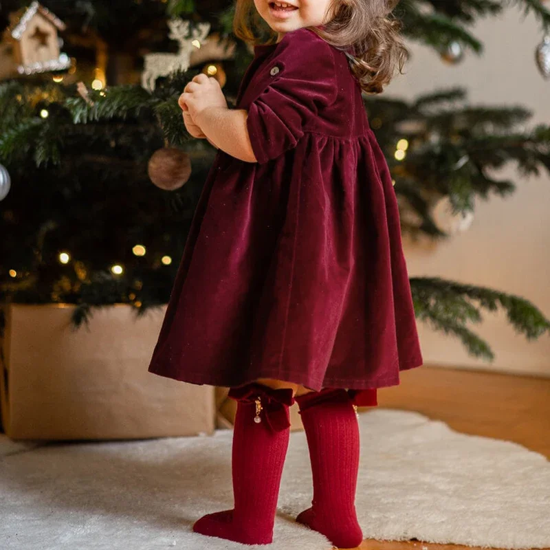 Chic Christmas Red Evening Party Velvet Dress Girls Solid Color Loose Long Sleeved Autumn Dresses Toddler Kids Clothes