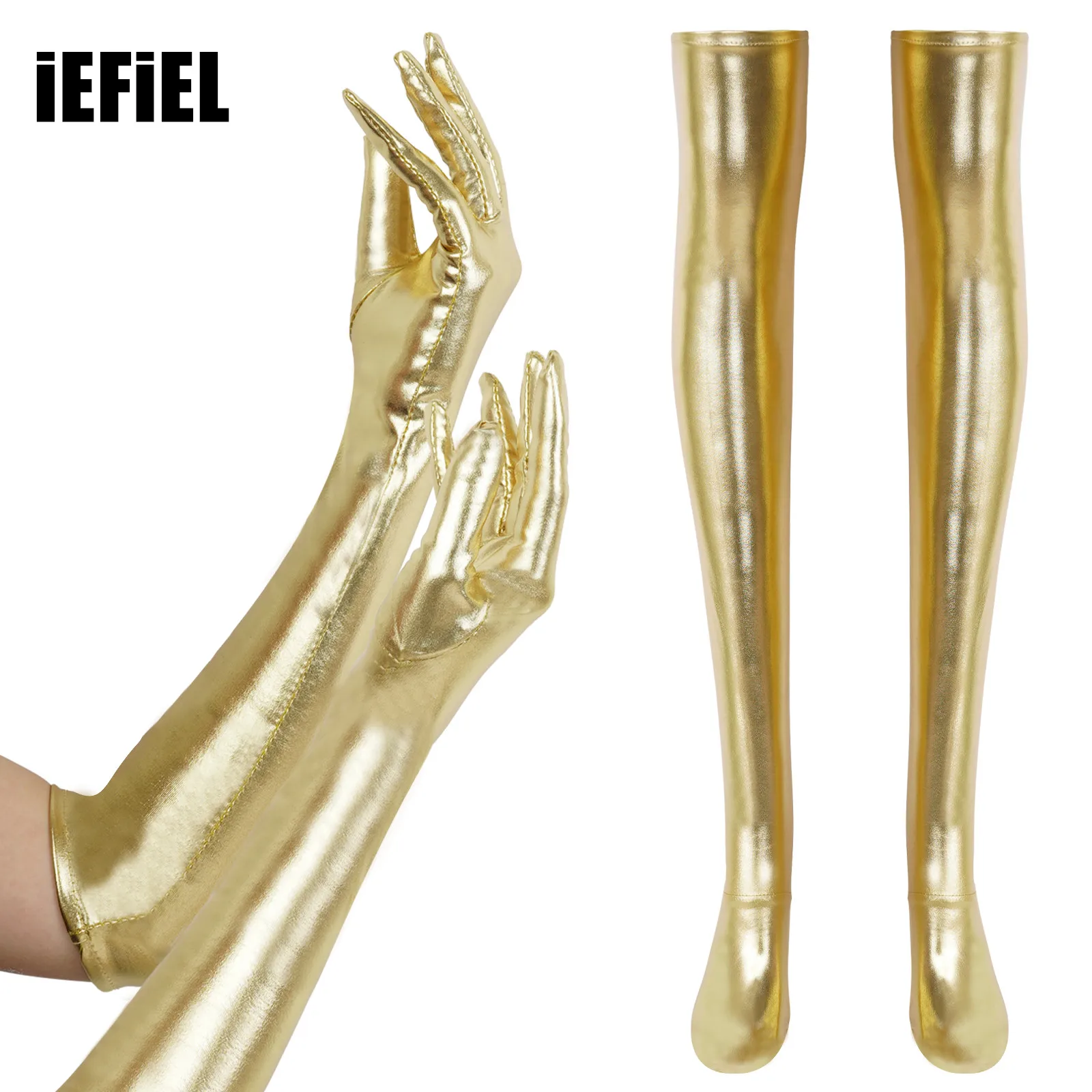 

Adult Patent Leather Shiny Wet Look Thigh High Stockings Full Finger Long Gloves Over the Knee Socks Womens Cosplay Costume Set