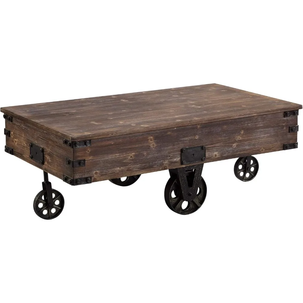 Factory Cart Coffee Table, Vintage Center Table with Wheels for Living Room, Rectangular, Wood 6