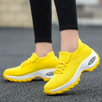 Yellow Mesh Platform Sneakers Thick Sole Breathable Casual Shoes Women Sneakers Knitting Socks Sneakers White Tennis Shoes 1
