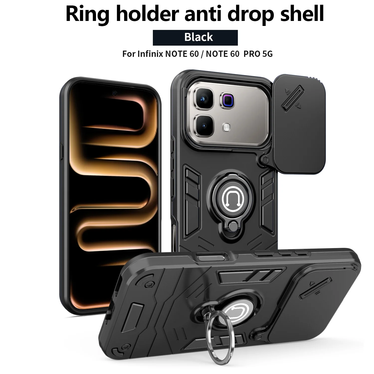 Rugged Armor Shockproof Phone Case with Sliding Window and Metal Ring Holder