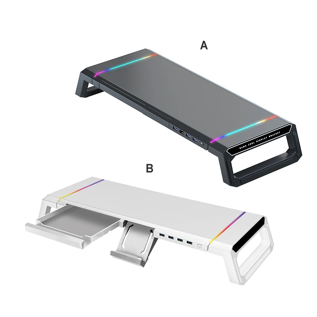 

Computer Monitor Stand Holder RGB Light with Storage Drawer Desktop Rack with 4 USB Ports Desk Heavy Duty for White