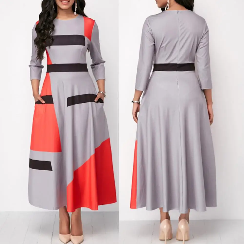 

Fashion Women Color Block Striped 3/4 Sleeve O-Neck Slim Maxi Dress