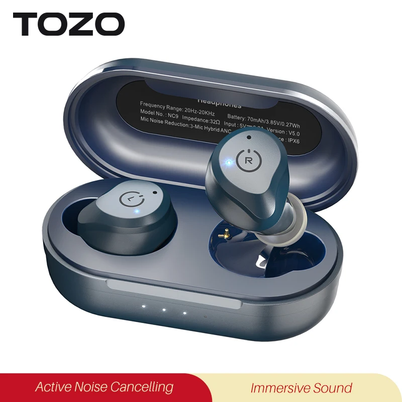 Auricolari Wireless TOZO NC9 con riproduzione 48 ore, impermeabile IPX8, cancellazione del rumore, cuffie Bluetooth con ricarica Wireless