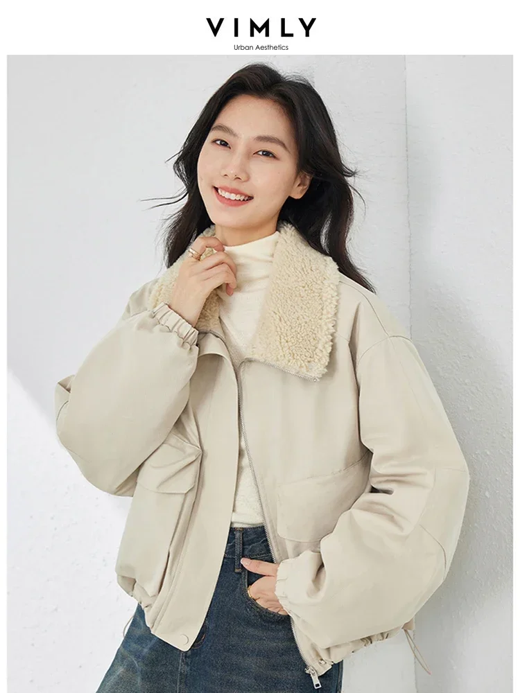 

Vimly Winter Fleece Thick Parkas Lapel Full Zipper Cargo Style Jacket 2023 New Apricot Casual Loose Coat Women Clothing M5817