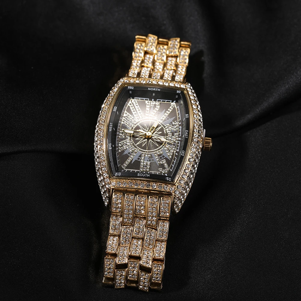 UWIN Rectangular Dial Watches Full Iced Out Full Drill Men Stainless Steel Hip Hop Luxury Watch Rhinestones Quartz Business