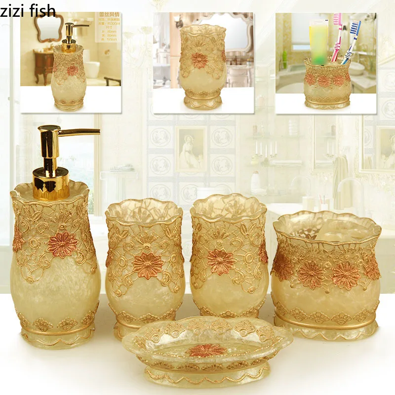 Classical Flower Pattern Resin Bathroom Accessories Toothpaste Holder Bath Lotion Bottle Mouth Cup Toilet Brush Bath Supplies