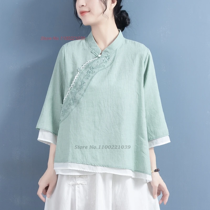 

2024 китайские винтажные Топы hanfu, национальное Цветочная вышивка, двухслойная искусственная Восточная хлопковая льняная Этническая деталь