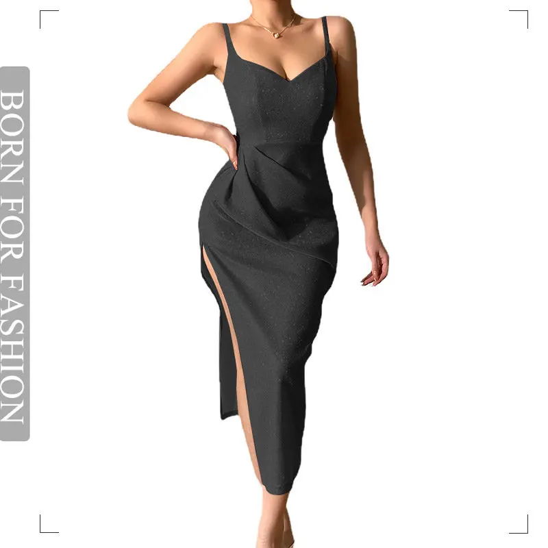 

Sparkling Pink Sexy Deep V Strap Dress 2023 Summer Temperament Sexy Nightclub Split Sleeveless Long Dress Women's Party Clothing
