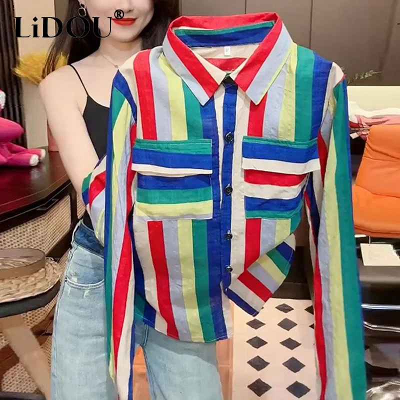 Spring Autumn Rainbow Printed Cardigan Shirt Ladies Long Sleeve Casual Fashion All-match Buttons Top Women Contrast Color Blouse