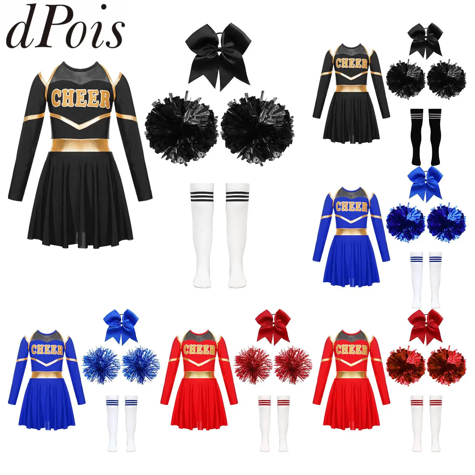 Teens Girls Cheerleading Costumes Uniforms Cheer Leader Team Dancewear Set Long Sleeve Cheer Dress with Pom Poms Socks Outfits