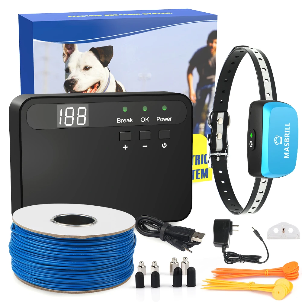 MASBRILL Pet Dog Electric Fence System Rechargeable Waterproof Adjustable Dog Training Collar Electronic Fencing Accessories pet dog training collar
