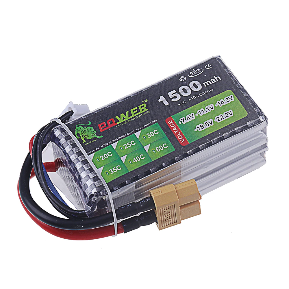 Côté de la batterie Lipo 14.8V montrant l'épaisseur et les soudures des câbles XT60.