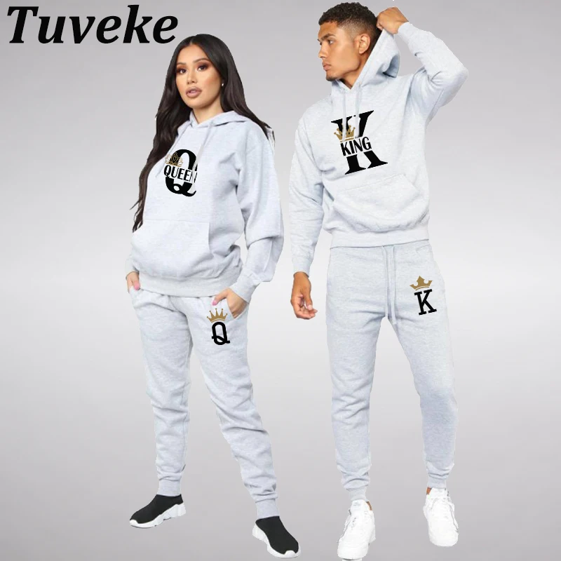 Tuveke Fashion Lover Couple Sportwear Set KING QUEEN Printed Hooded Clothes 2PCS Set Hoodie and Pants Plus Size Hoodies Women