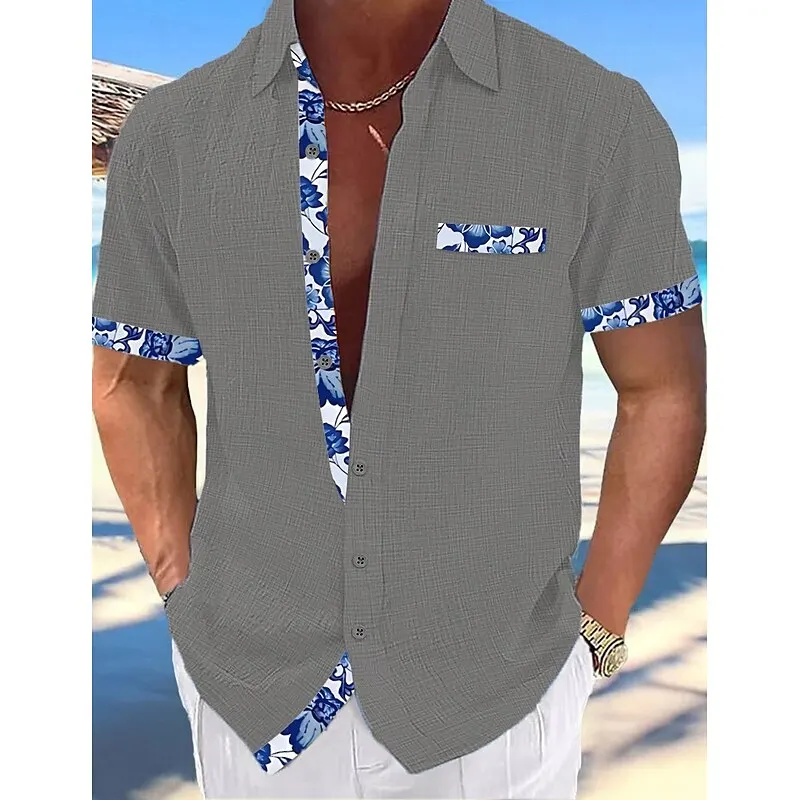 Short-sleeved shirt linen Cool and breathable Comfortable and healthy material Gradient blue Hawaiian beach men's cardigan
