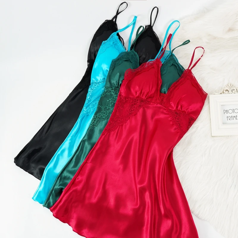 Women Lace Sling Nightdress V-neck Sleepwear Solid Lace Trim Homewear Padded Nightwear M-3XL women nightgowns,women nightdresses,sleeping dress
