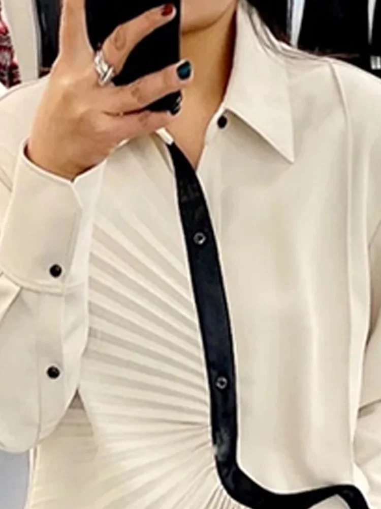 [EAM] Women Apricot Irregular Pleated Elegant Blouse New Lapel Long Sleeve Loose Fit Shirt Fashion Spring Autumn 2024 1DE8946