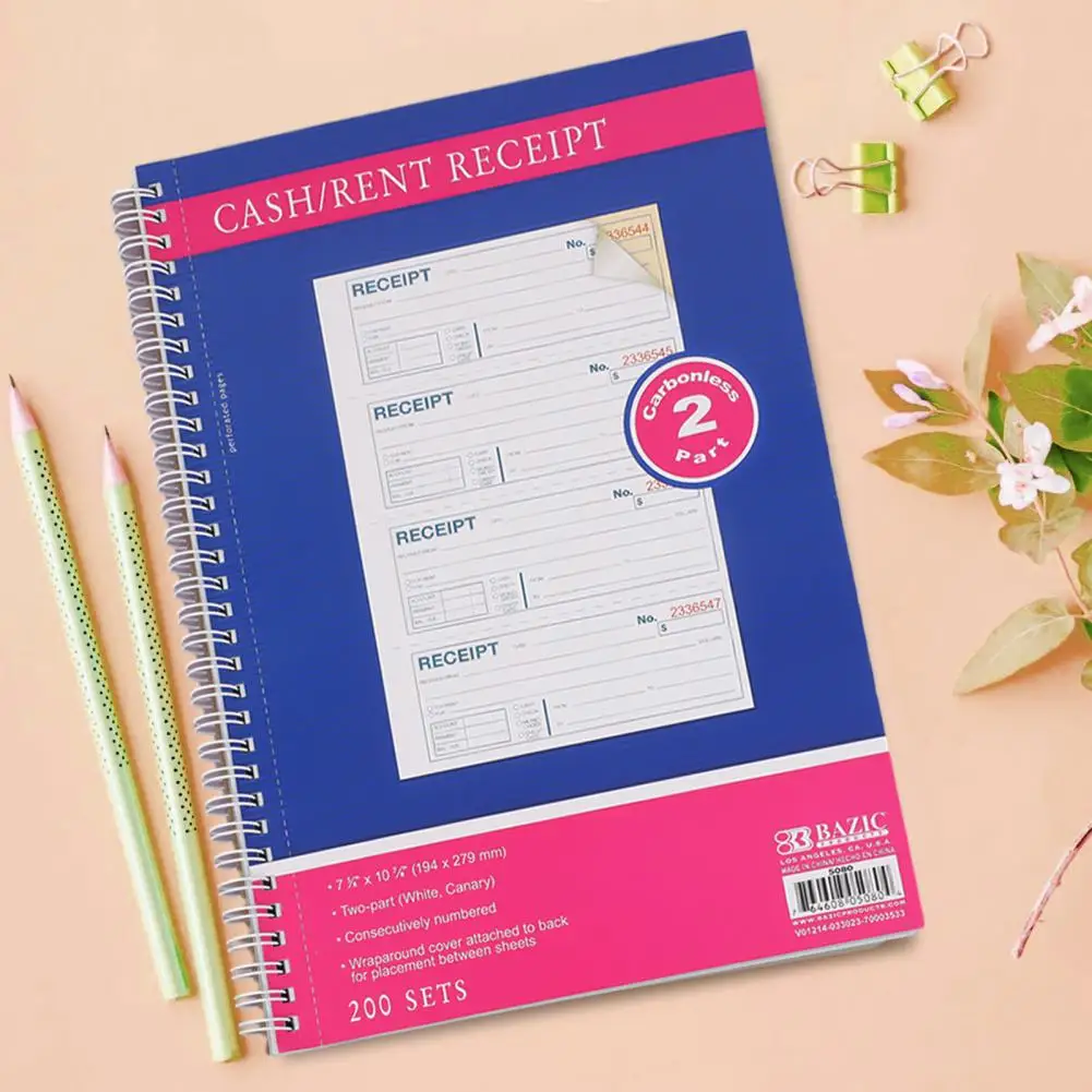 Receipt Book Carbonless Copy Paper Clear Print 200 Sets 2 Parts Consecutively Numbered Spiral Bound Money and Rent Receipt Book