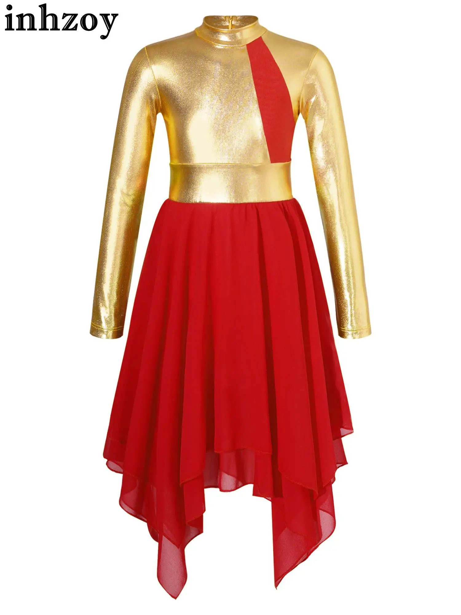 

Kids Girls Praise Asymmetrical Dress Costume Long Sleeve Shiny Metallic Patchwork Irregular Hem Zipper Dress for Lyrical Dance