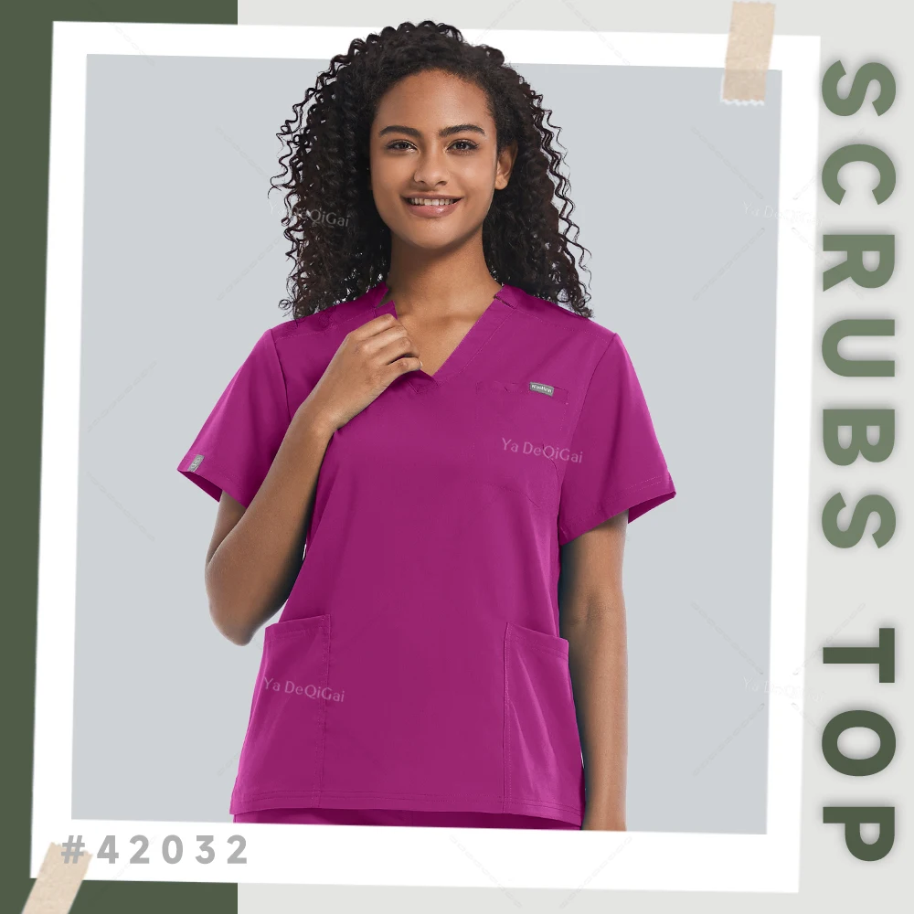 

Medical Nurses Uniforms Nurse Uniform Women Short Sleeve Work Shirts Solid Color Scrubs Tops Lab Pockets Blouse Nursing Clothes