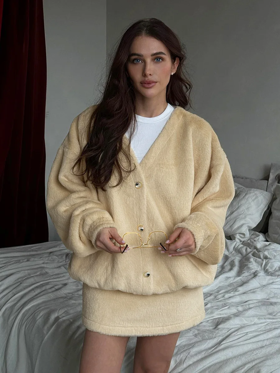 Bornladies Women's Plush V-neck Knit Cardigan Short Skirt Set New Autumn Winter Sweater Jacket Short Skirt Set
