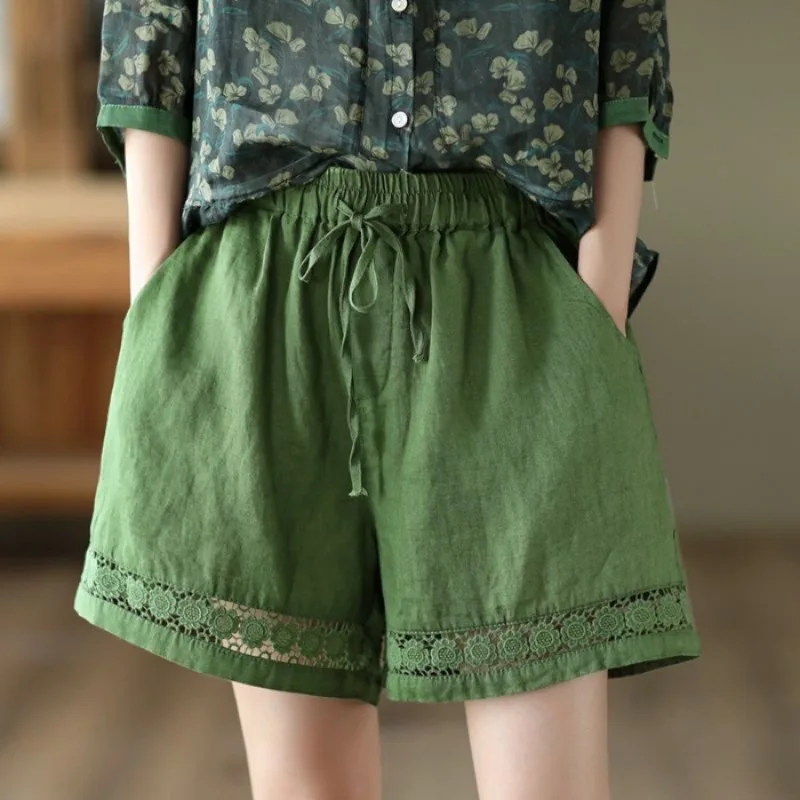 Retro Linen Wide-leg Shorts Women's Thin Summer Elasticized High-waisted Drawstring Hook Flower Hollow Solid Color Casual Pants