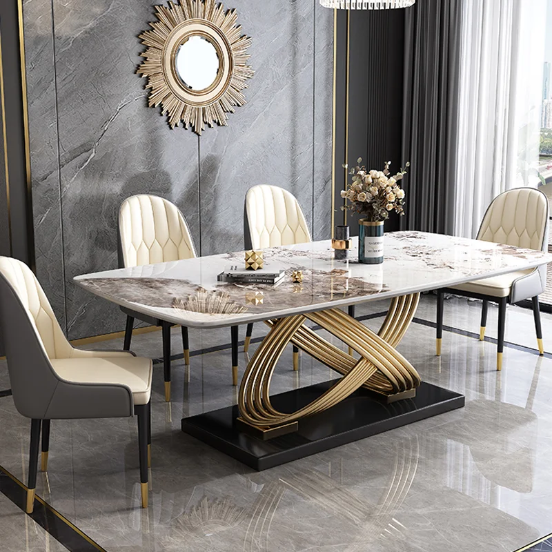 Modern Unique Design Stainless Steel Dining Tables and Chairs Marble Rectangular Modern Dining Table Set
