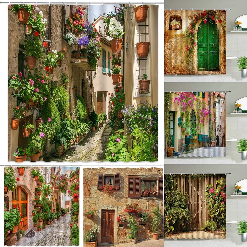 

Old Street Landscape Green Plants Flower Shower Curtain for Bathroom Tuscan European Italy Scenery Floral Building Bath Curtains