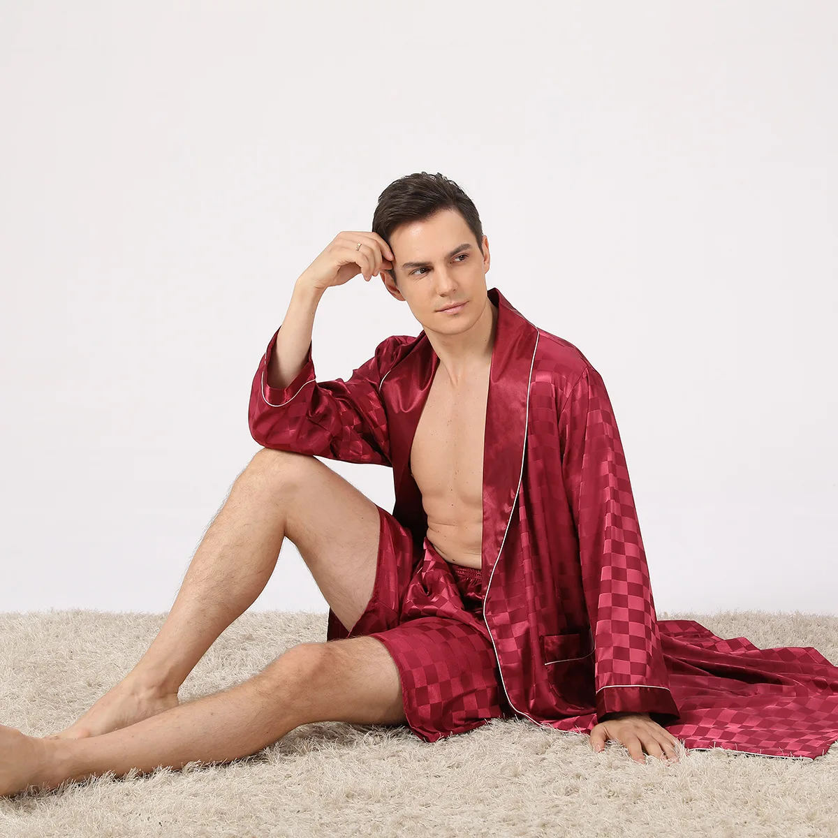 Luxury Men's Silk Robe 3XL Long Sleeve Sleepwear Bathrobe & Shorts 2Pcs/Set Satin Nightgown Summer Home Clothing Male Loungewear