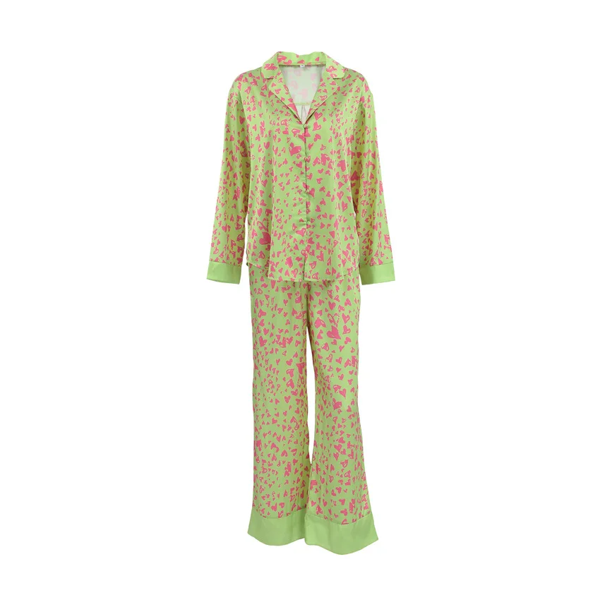 Leisure Women's Pajamas Sets For Autumn Winter Loose Soft Love Print Ladies Sleepwear Long Sleeve Lapel Cardigan Tops+Pants 2Pcs