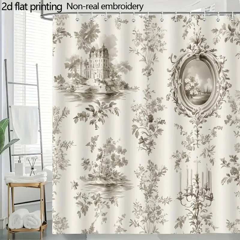 ม่านอาบน้ำลายคลาสสิกสไตล์ฝรั่งเศส ลายดอกไม้แบบวินเทจ ตกแต่งห้องน้ำ ผ้ากันน้ำ ดีไซน์หรูหราสำหรับบ้าน 1