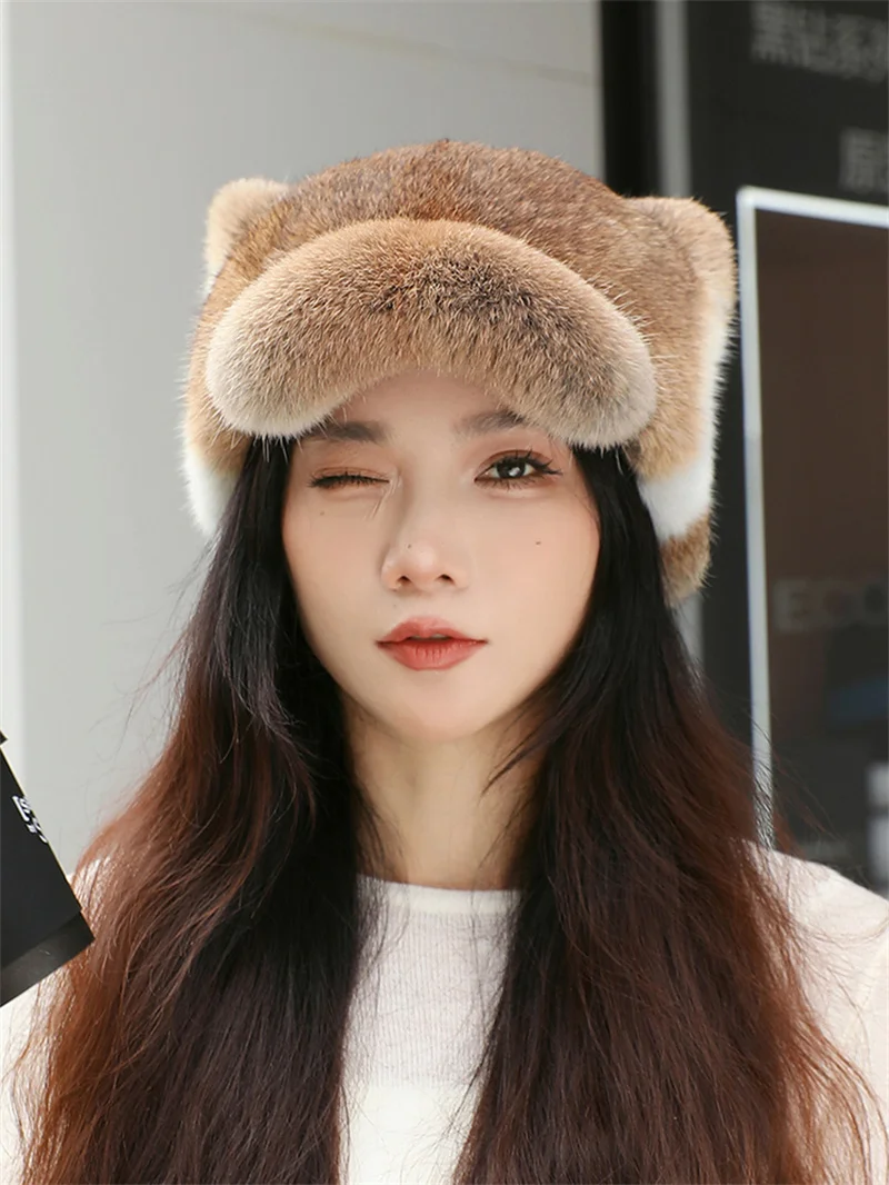 

Cat ear hat, winter warm snow hat, women's fashionable gold fluffy fur mink hat, new girl's snow outdoor hat