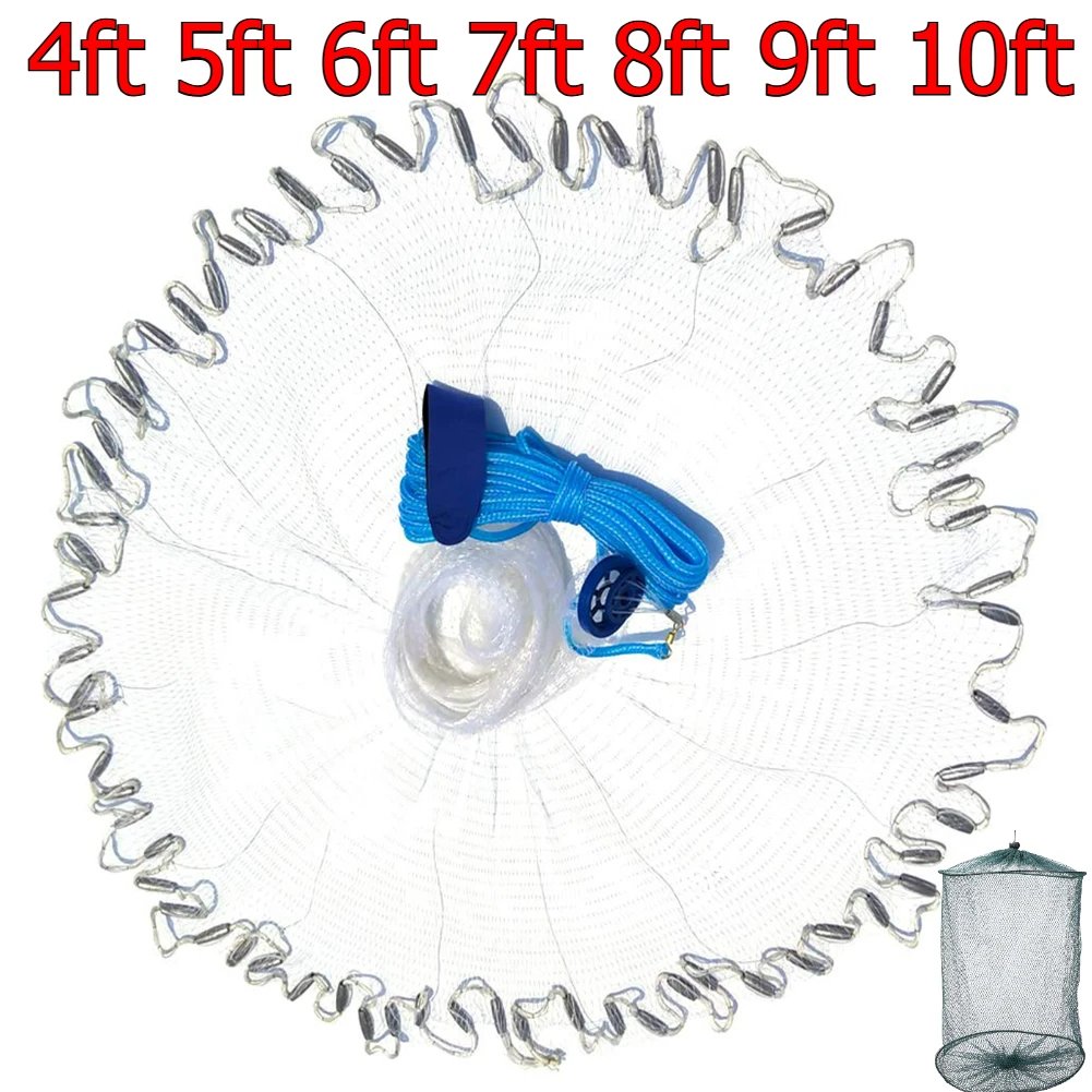 Saltwater Freshwater Fishing Cast Net for Bait Trap Fish 3ft/4ft/6ft/8ft/10ft Radius with Heavy Duty Zinc Sinker 3/8inch Mesh