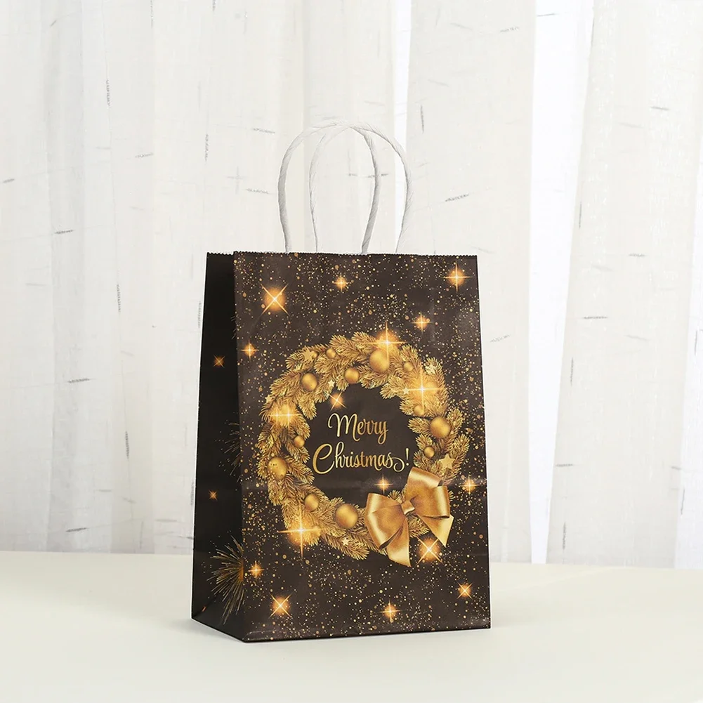 12PCS Christmas Candy Bags With Handle Christmas Kraft Paper Bags New Year Tree Elk Snowflakes Gifts Box Xmas Bag christmas gift bags christmas candy packaging