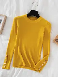 Khaki Chic Button O - Neck Slim Knit Sweater - Women's Casual Autumn/Winter Pullover Jumper - One Size (YELLOW)