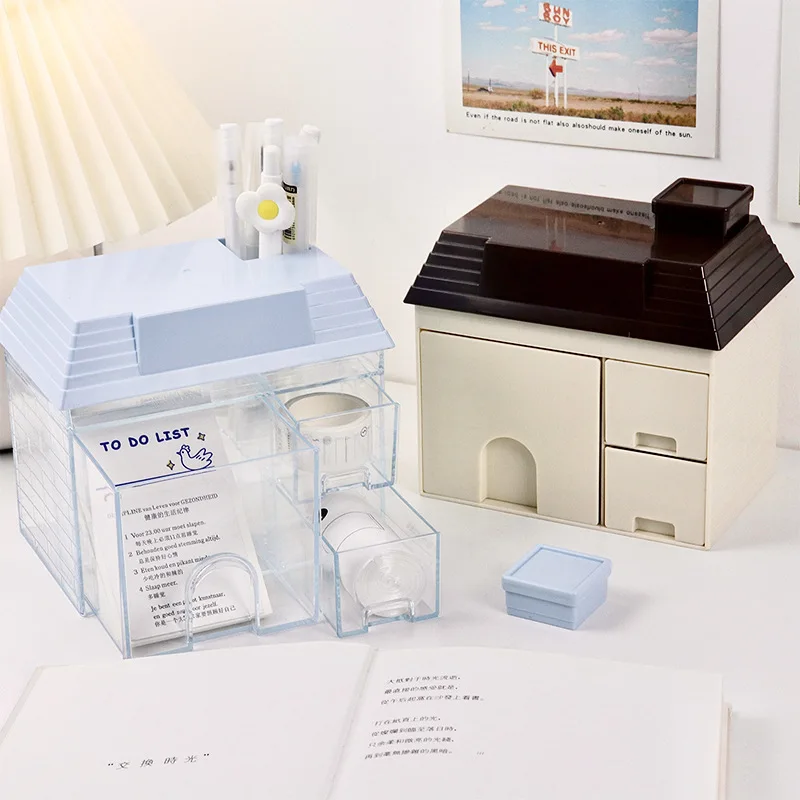 Small House Creative Desktop Organizing Storage Box Stationery Cosmetics Girls Dormitory Storage Box Desk Organizer storage box,self adhesive storage box,desk organizer,transparent storage box,storage organizer,lockable storage box,bag organizer
