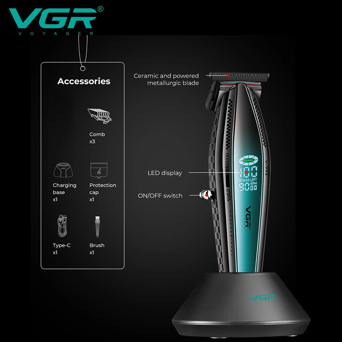 VGR Professional Hair Trimmer Barber Hair Cutting Machine Rechargeable Clippers 9000 RPM LED Display Trimmer for Men V-992