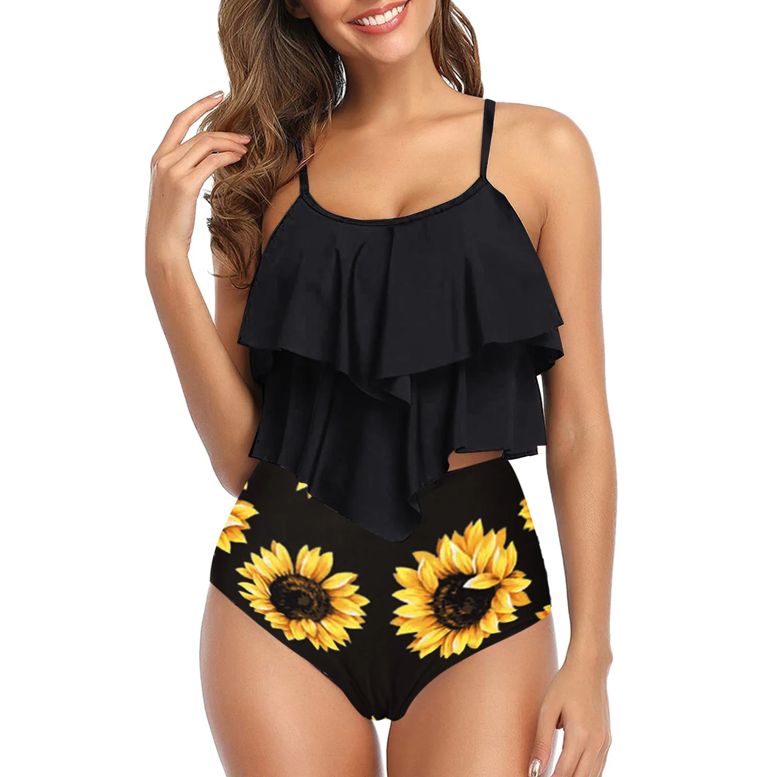 

2022 Swimsuit Two Pieces Women Swimwear Summer Top Ruffled High Waisted Bottom Tankini Bathing Suit Mujer Bikinis Set Купальник