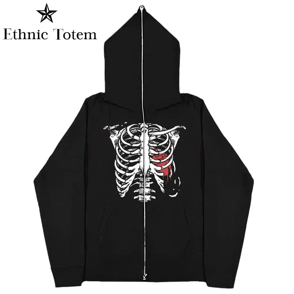 Y2K Zip Up Hoodie Men Skull Zipper Vintage Y2K Coat Oversized Hoodies Harajuku Streetwear Demon Sweatshirts Spider Men Women