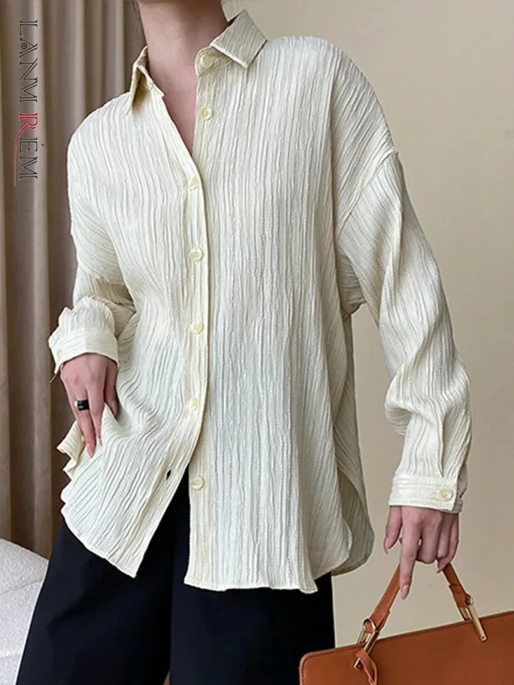 

[LANMREM] French Style Solid Shirts For Women Lapel Single Breasted Long Sleeve Blouses Elegant Tops 2024 Spring New 26D6031