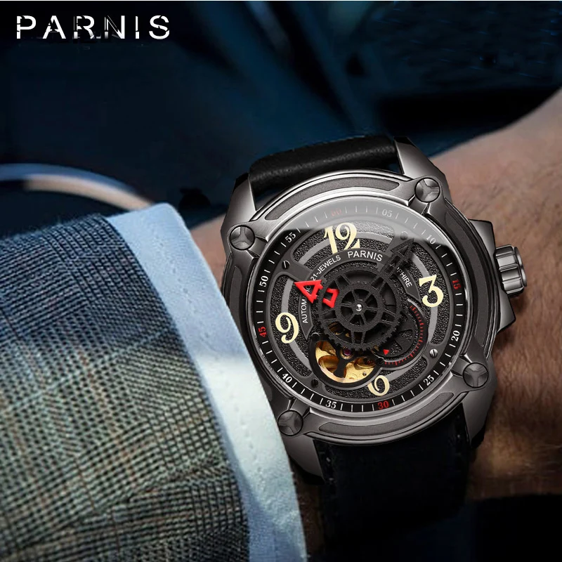 

Parnis 44mm Black Skeleton Dial Automatic Mechanical Men Watch Sapphire Glass Japan Movement Leather Strap Watches